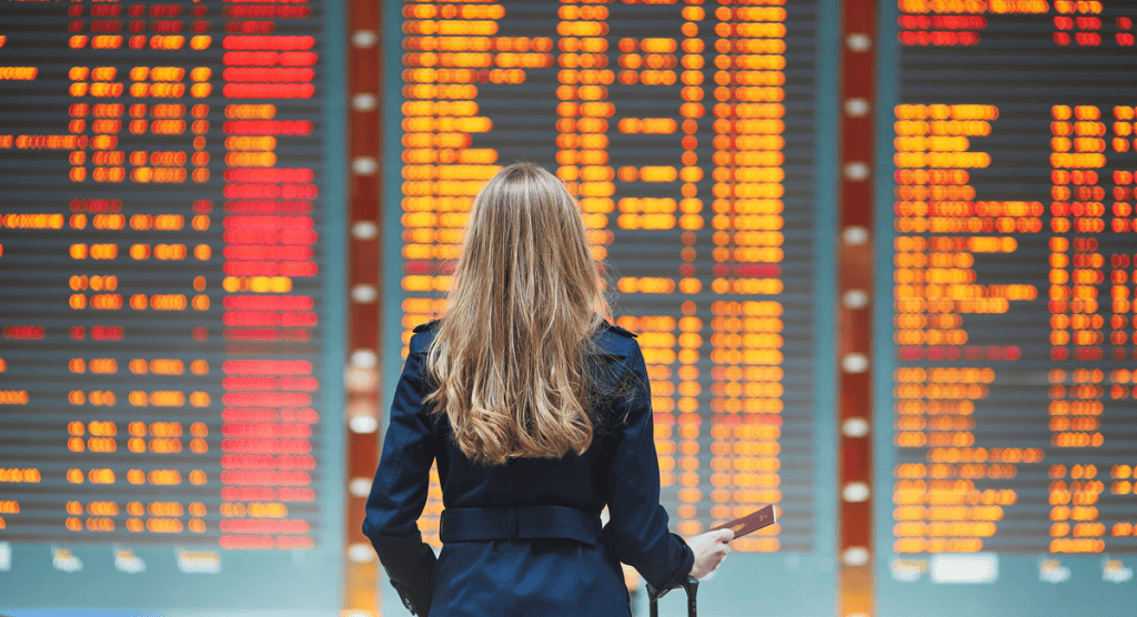 Person looking at flight depatures and arrivals board