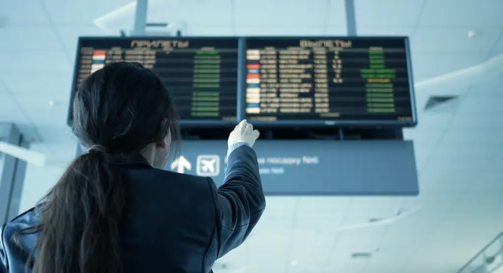 woman looking at airport departures board